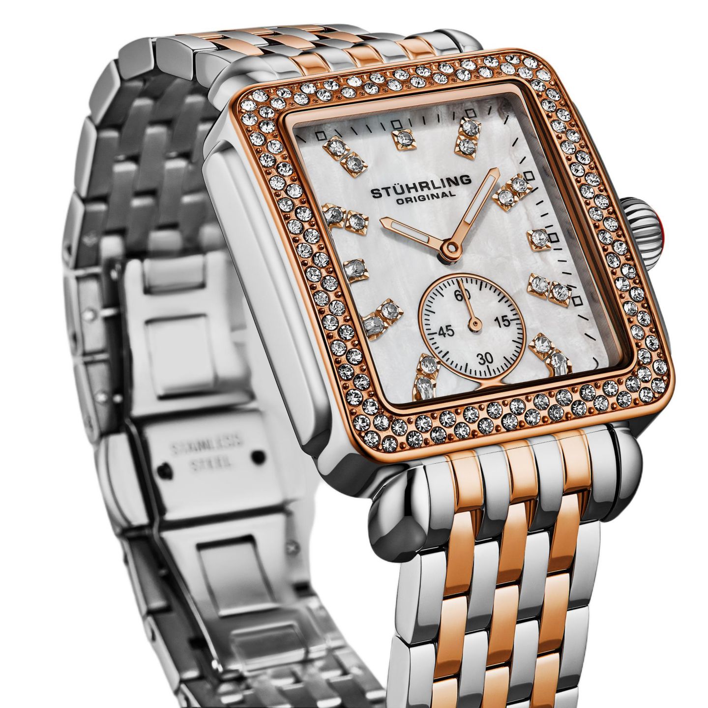 Женские часы Stuhrling Women s 4090 34mm Crystal-Accented Rectangular Stainless Steel Bracelet Watch with Mother-of-Pearl Dial, цвет: Розовый — фото 4