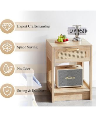 Wooden Rattan Nightstand with Drawer and Open Storage Shelf – End Table