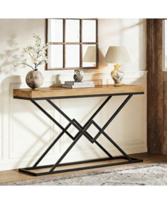 Solid Wood Console Table, 47.2" Industrial Entryway Table with Geometric Metal Frame