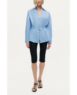 Women's Belted V-Neck Poplin Shirt