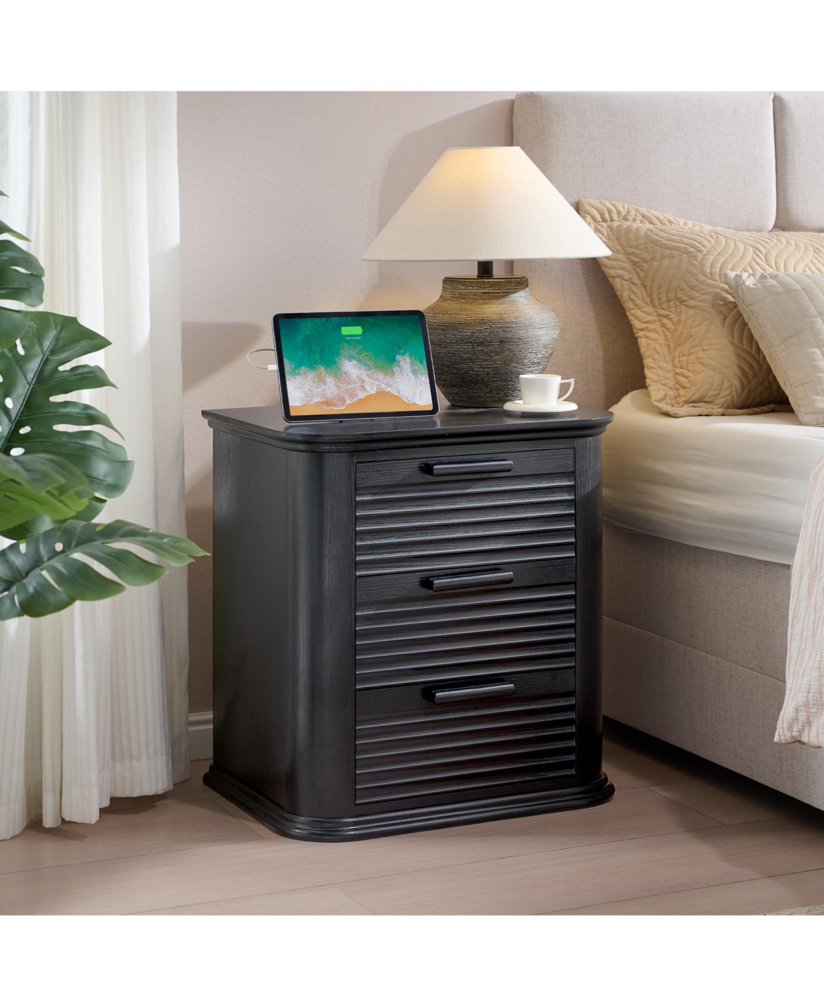 Rainsken Fluted Nightstand, Wood 3 Drawer Bedside Table, Round Corner End Table with Storage, Curved Profile Design for Bedroom