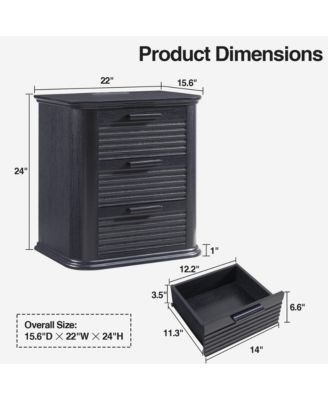Fluted Nightstand, Wood 3 Drawer Bedside Table, Round Corner End Table with Storage, Curved Profile Design for Bedroom
