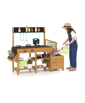 Kids Play Kitchen Set, Wooden Kitchen Playset Chef Pretend Mud Kitchen for Role-Playing Fun