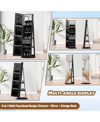 360° Swivel Lockable Rattan Jewelry Cabinet with Full Length Mirror and Display Shelves