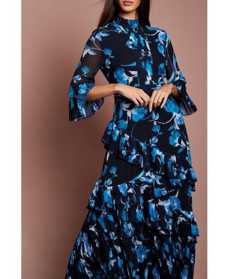 Women's Pleated Frill Chiffon Maxi Dress