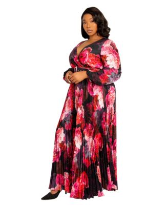 Plus Size Women's Floral Pleated Maxi Dress with Belt
