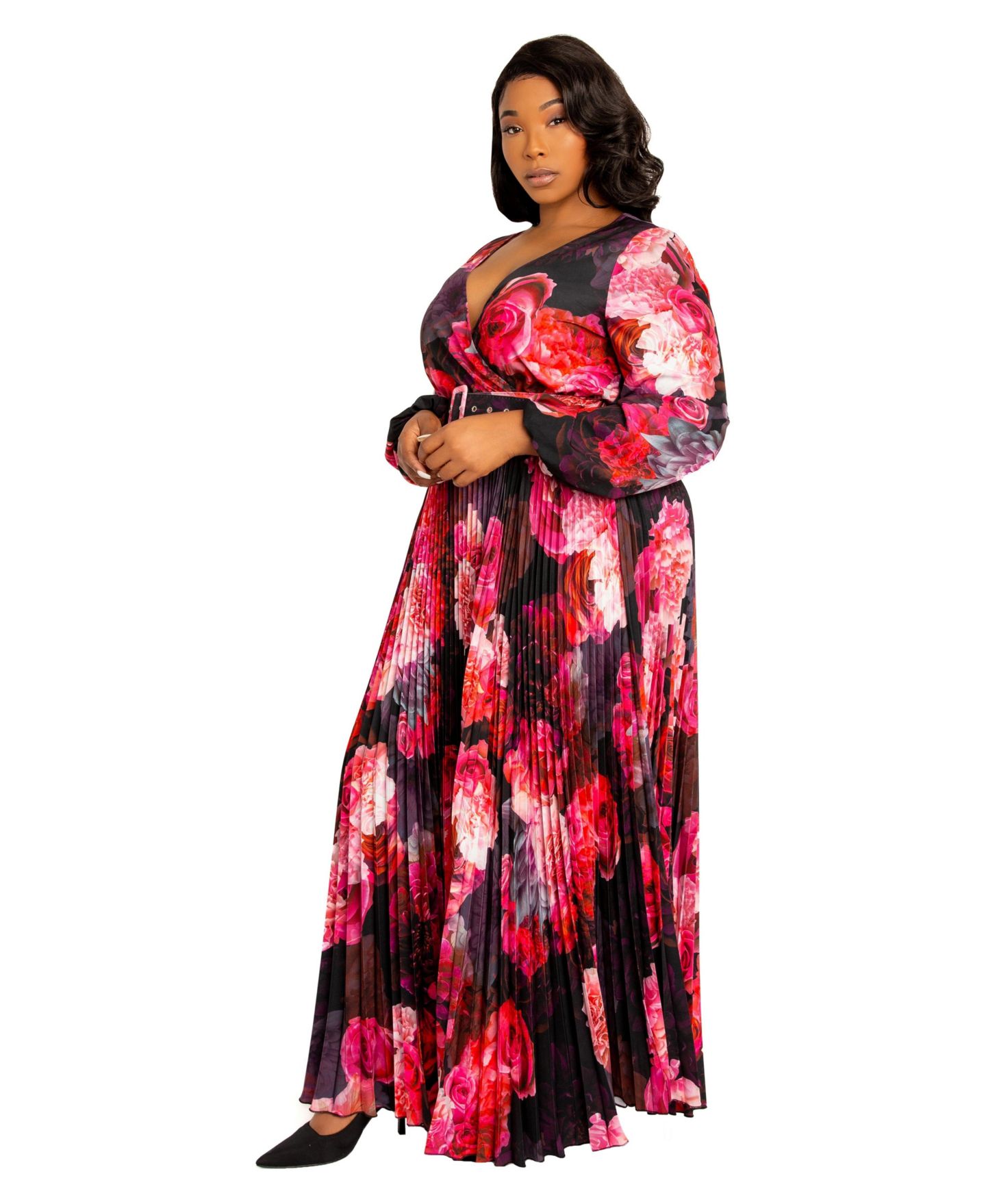 Женское платье Buxom Couture Plus Size Floral Pleated Maxi Dress with Belt, цвет: Чёрный разноцветный — фото 2