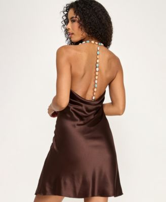 Juniors' Beaded Strap Drape Front Satin Slim Dress