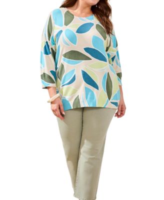 Plus Size Printed 3/4-Sleeve Crew Neck Sweater