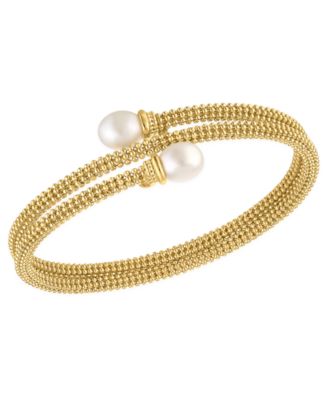 Cultured Freshwater Pearl (7.5-8mm) Bypass Coil Bangle Bracelet in 14k Gold over Sterling Silver