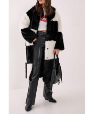 Women's Mono Check Faux Fur Coat