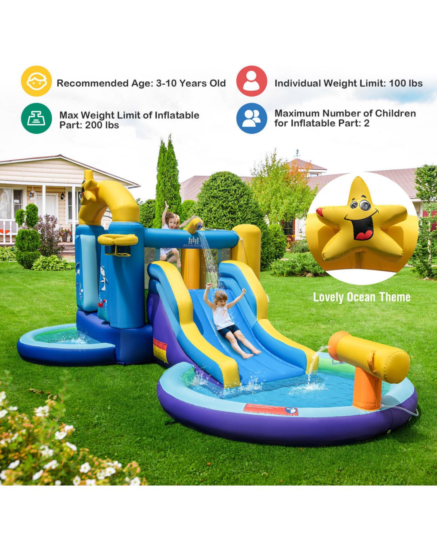 Детская игрушка Mecale Ocean-Themed Bounce House with Splash Pool and Raised Slide, Ages 3-10, цвет: Синий — фото 6
