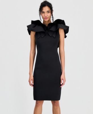 Women's Ruffle-Shoulder Boat-Neck Sheath Dress