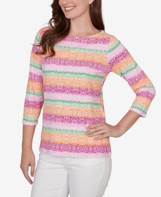 Petite Stripe Medallion Boat Neck Knit Top