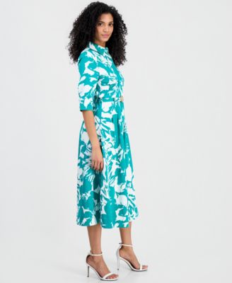 Women's Elbow-Sleeve Waist Tuck Midi Shirtdress