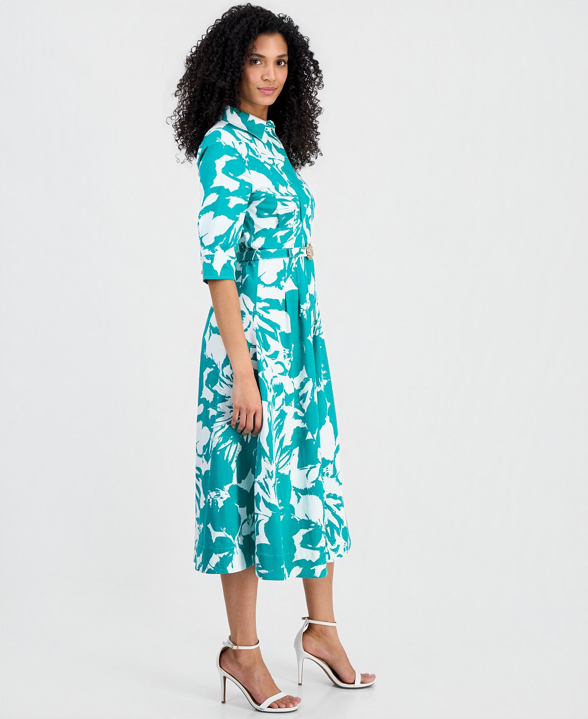 Anne Klein Women's Elbow-Sleeve Waist Tuck Midi Shirtdress view 2 — MAYCSS fashion products