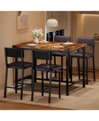 Dining Table Set for 4 w/Footrest and Corner Protector 5-Piece Kitchen Table Set with Counter Height Table and 4 Upholstered Bar Stools