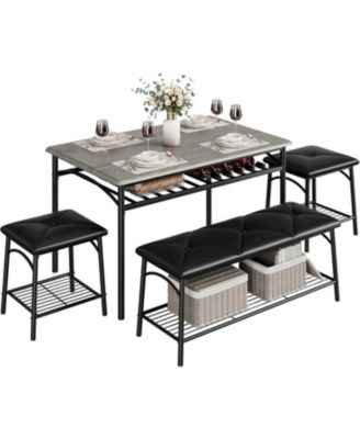 5-Piece Dining Table Set for 4-5 People 43 Inch Extendable Kitchen Table Set with 1 Benche and 2 Square Stools Dining Room Table