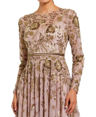 Women's Long Sleeve Mesh Floral Embellished Gown