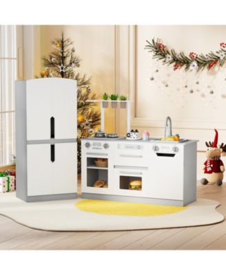 Wooden 2-Piece Kids Kitchen Playset with Fridge & Running Water for Imaginative Play