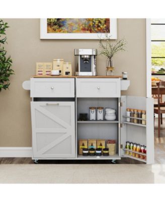 Wood Rolling Kitchen Island Cart with Trash Can Cabinet, Storage Shelves & Rubber Wheels