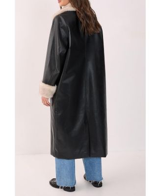 Women's Faux Leather Longline Fur Trim Coat