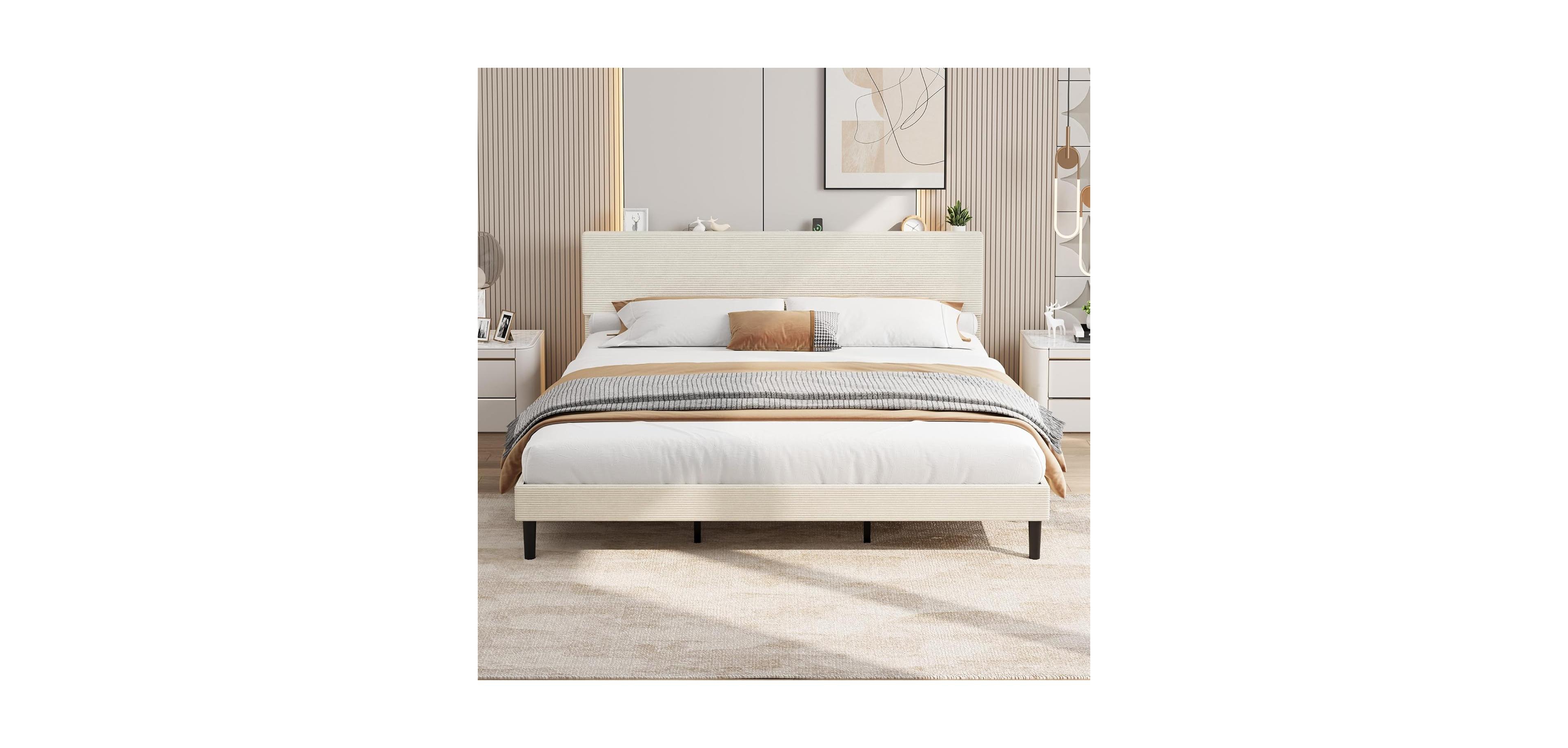 Gaomon Bed Frame with Usb Charging Station, Corduroy Upholstered Platform Adjustable Storage Headboard