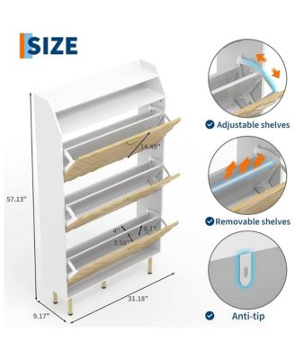 Shoe Cabinet with 3 Flip Drawers, Narrow Slim Shoe Storage Organizer, Farmhouse Freestanding Hidden Shoe Rack, White Wood Grain