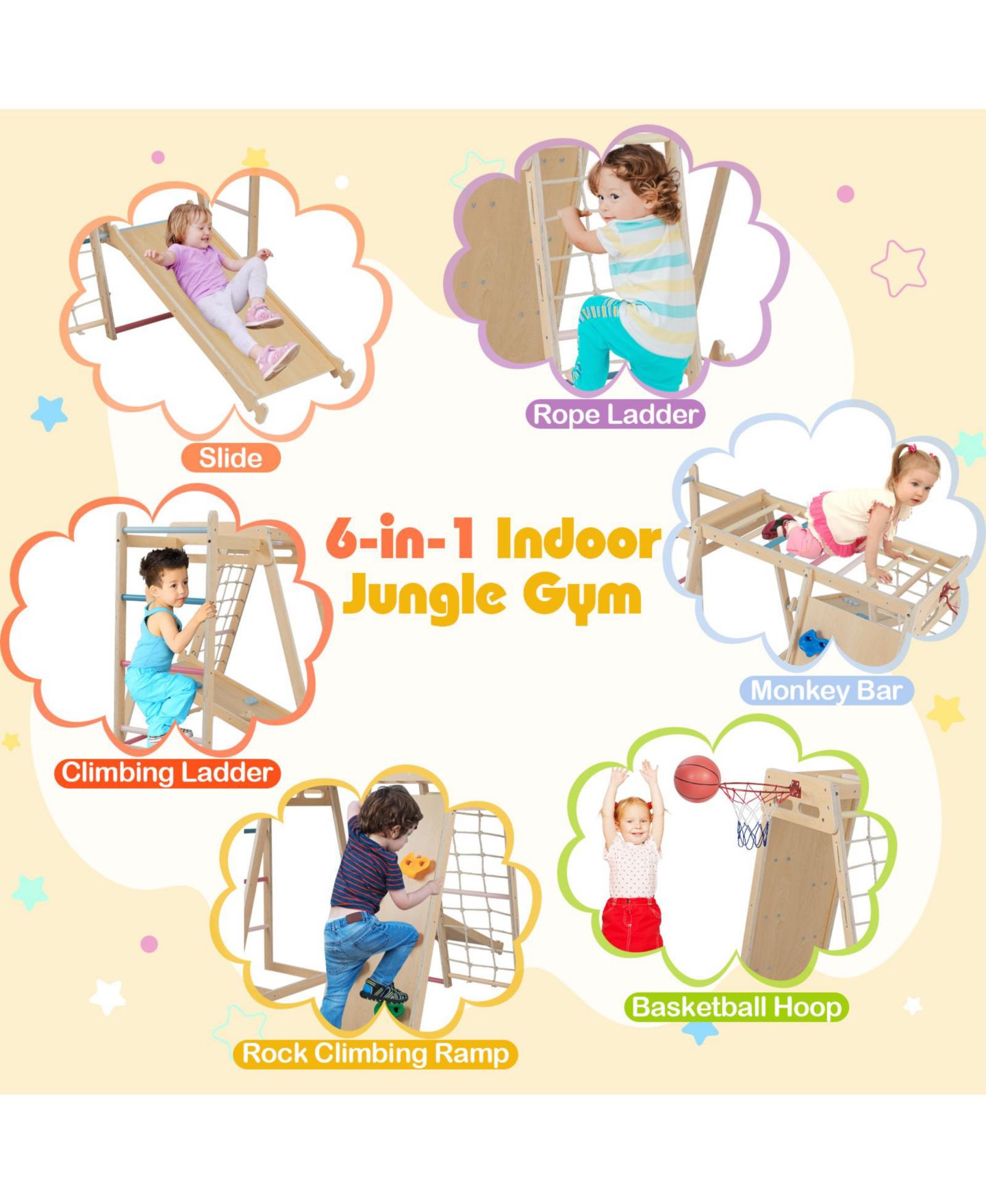 Детская игрушка Mecale 6-in-1 Birch Wood Indoor Jungle Gym with Slide, Monkey Bars & Basketball Hoop, Ages 3-14, цвет: Коричневый — фото 4