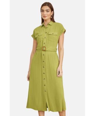 Women's Viscose Linen Look Midi Shirt Dress