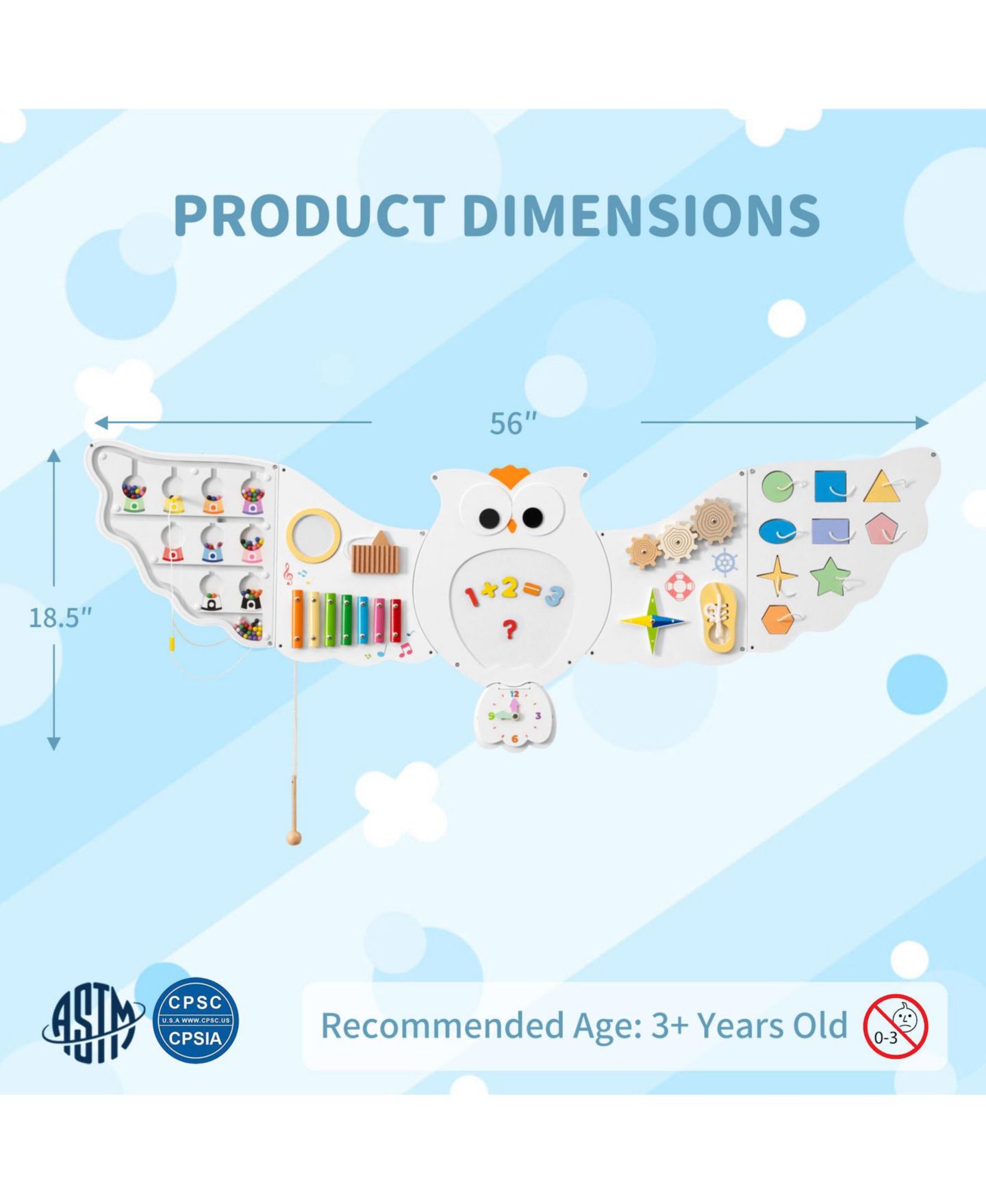 Детская игрушка Mecale 11-in-1 Owl Montessori Activity Busy Board, Ages 3+, цвет: Белый — фото 3