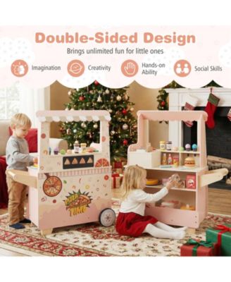 Kids Pizza Food Truck Wooden Pretend Snack Cart with Oven for Fun Role Play