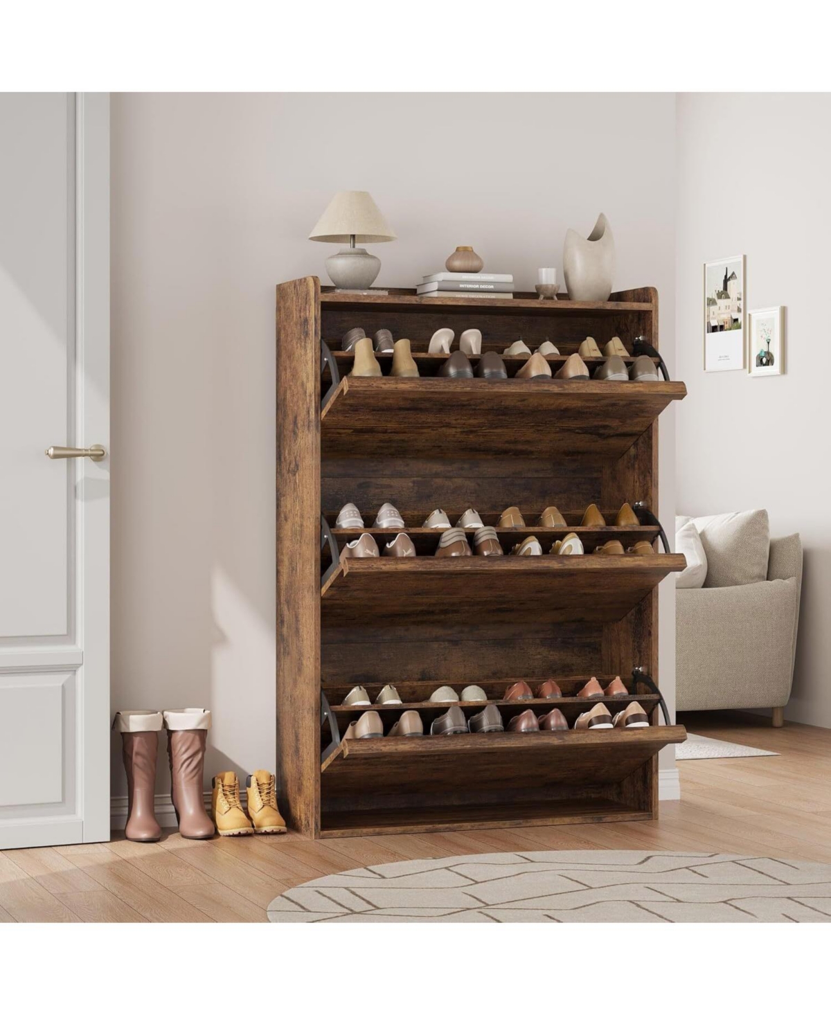 gaomon Shoe Cabinet with 3 Flip Drawers, Wooden Shoe Organizer Cabinet with Adjustable Shelf, Shoe Storage for Entryway, Hidden Shoe Cabinet