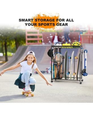 Skateboard Storage Rack with Wheels, Sports Organizer for Skateboards, Scooters,Heavy Duty Sports Storage Rack for Garage, Home or School Use