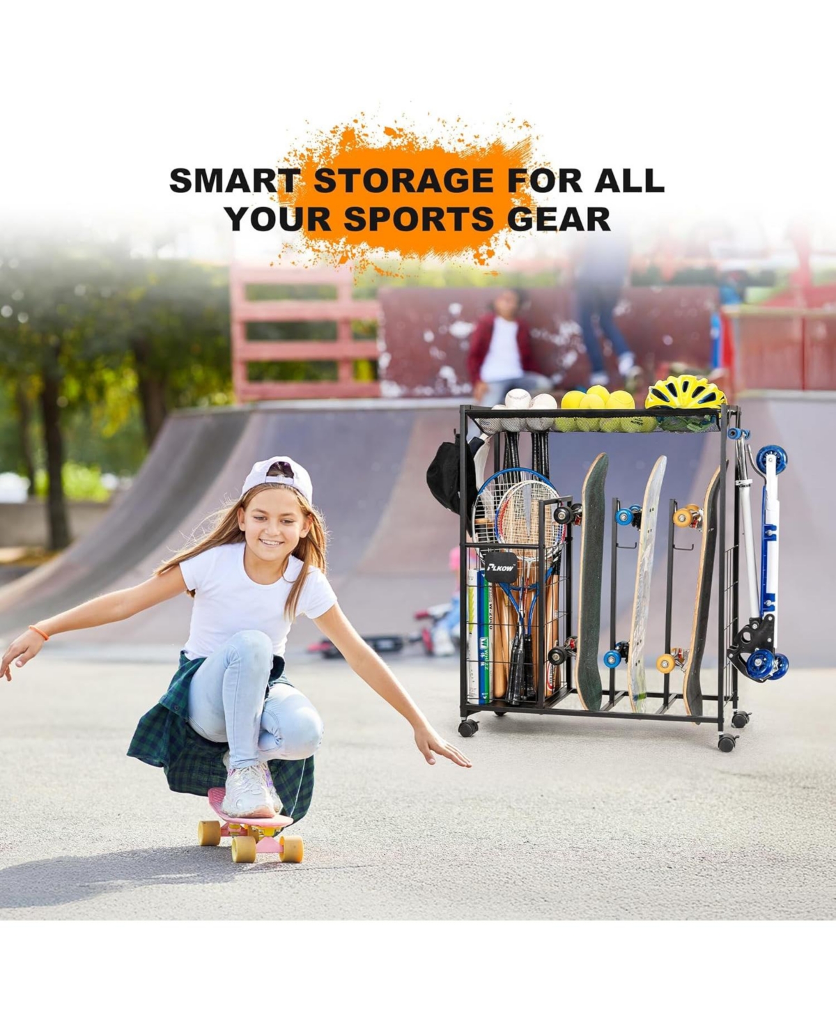 Skateboard Storage Rack with Wheels, Heavy Duty Sports Storage Rack for Garage, Home or School Use