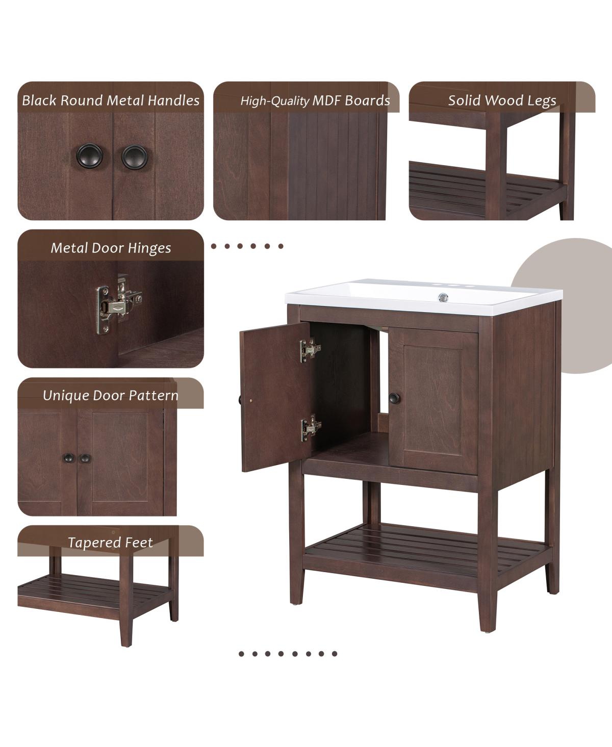 Sillysis 24" Bathroom Vanity with Ceramic Sink, Solid Wood Frame, Open Shelf Storage for Modern Small Spaces