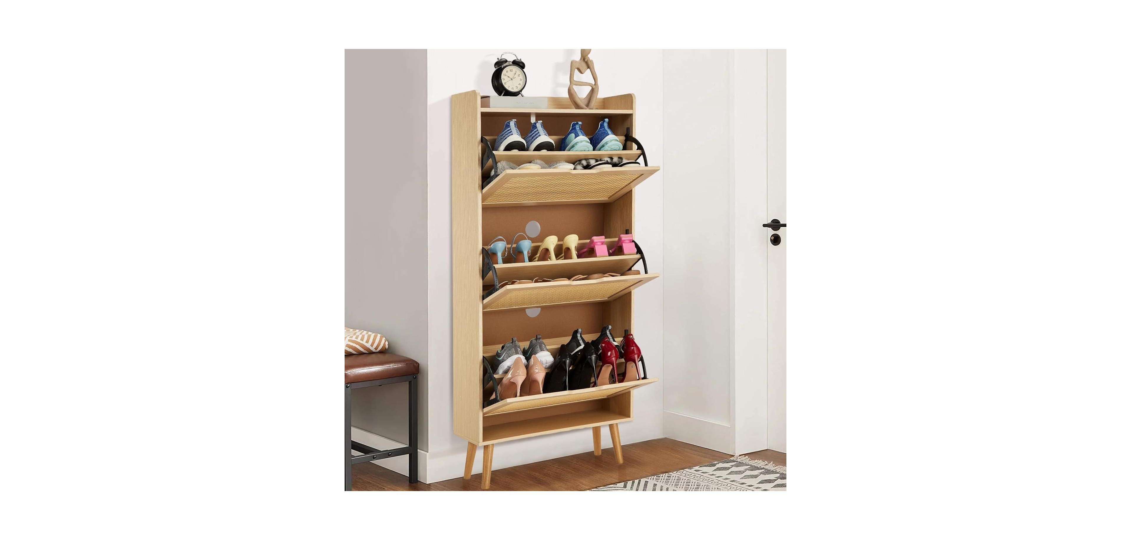 gaomon Shoe Cabinet Hidden Shoe Storage with 3 Flip Rattan Flip-Drawer and Anti-Tip Design, Shoe Cabinet, 18-20 Pairs Storage Organizer, Mdf Frame