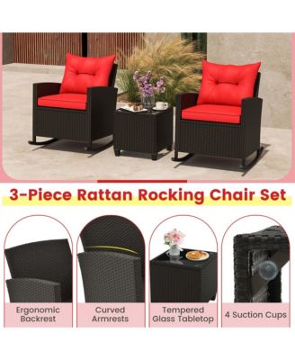 3 PCS Patio Wicker Rocking Set with Tempered Glass Table and Soft Cushions Outdoor
