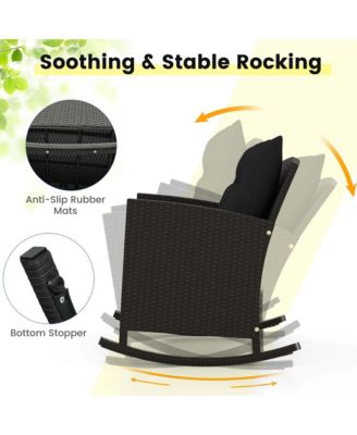 3 PCS Patio Wicker Rocking Set with Tempered Glass Table and Soft Cushions Outdoor