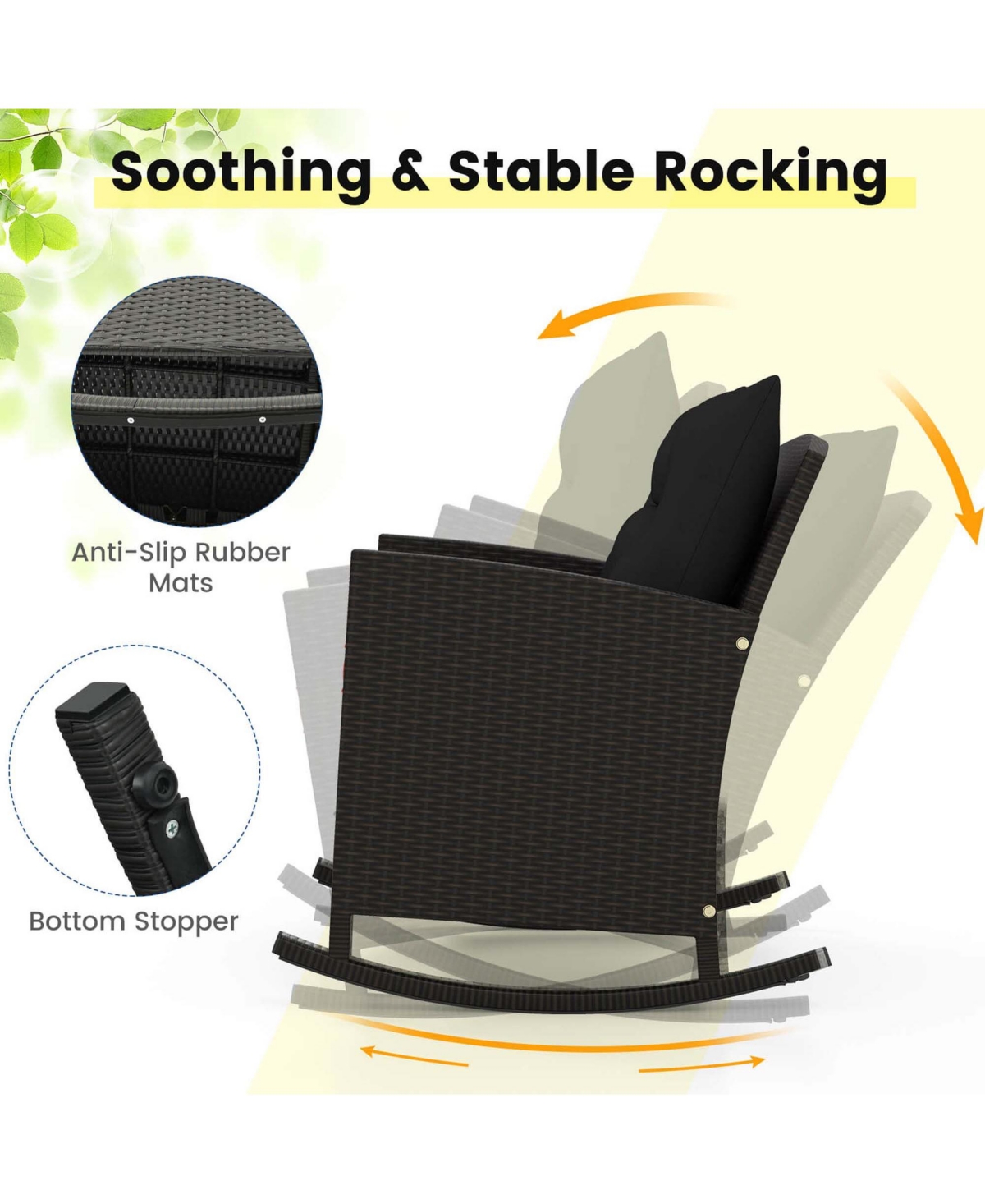 3 Pcs Patio Wicker Rocking Set with Tempered Glass Table & Soft Cushions Outdoor