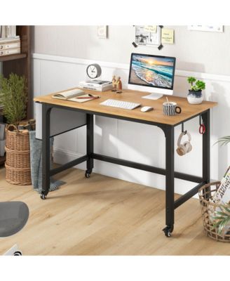 2 PCS Rolling Computer Desk Metal Frame PC Laptop Table Wood Top Study Workstation