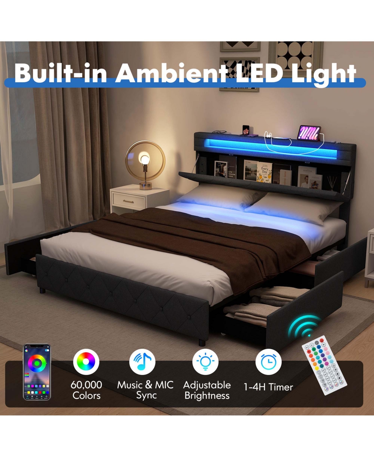Queen Size Bed Frame with Led Lights & Charging Station & Modern Upholstered Bed