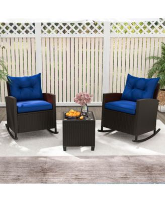 3 PCS Patio Wicker Rocking Set with Tempered Glass Table & Soft Cushions Outdoor
