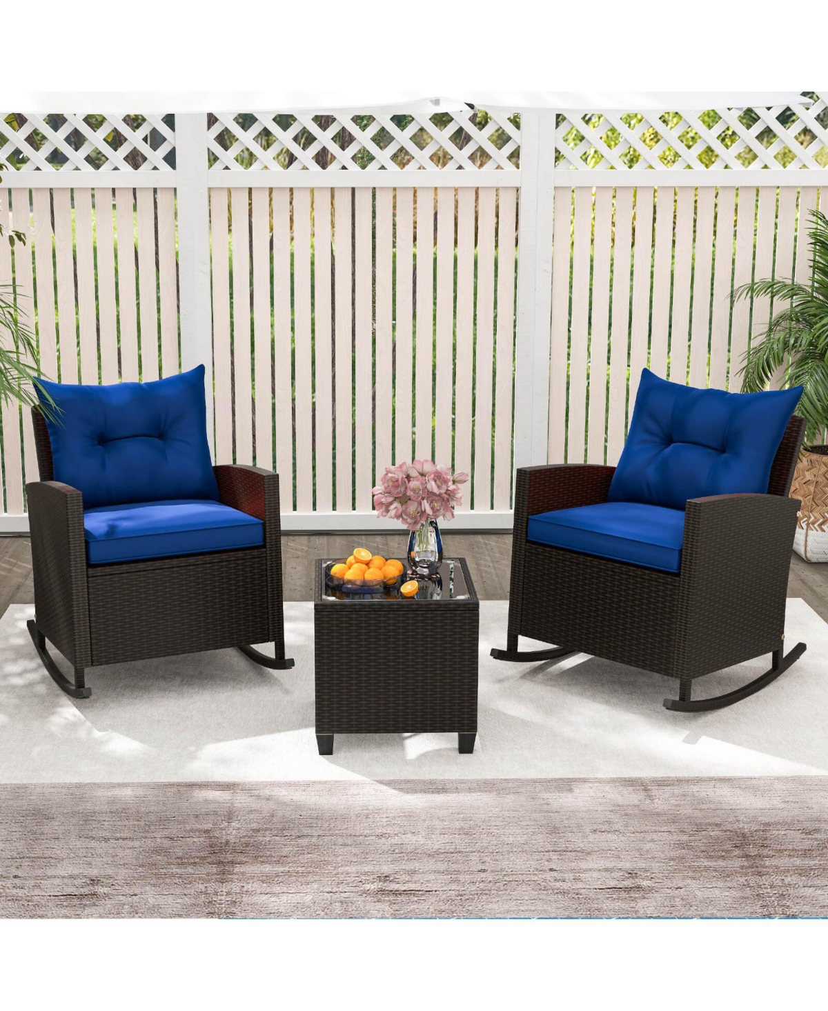 3 Pcs Patio Wicker Rocking Set with Tempered Glass Table & Soft Cushions Outdoor