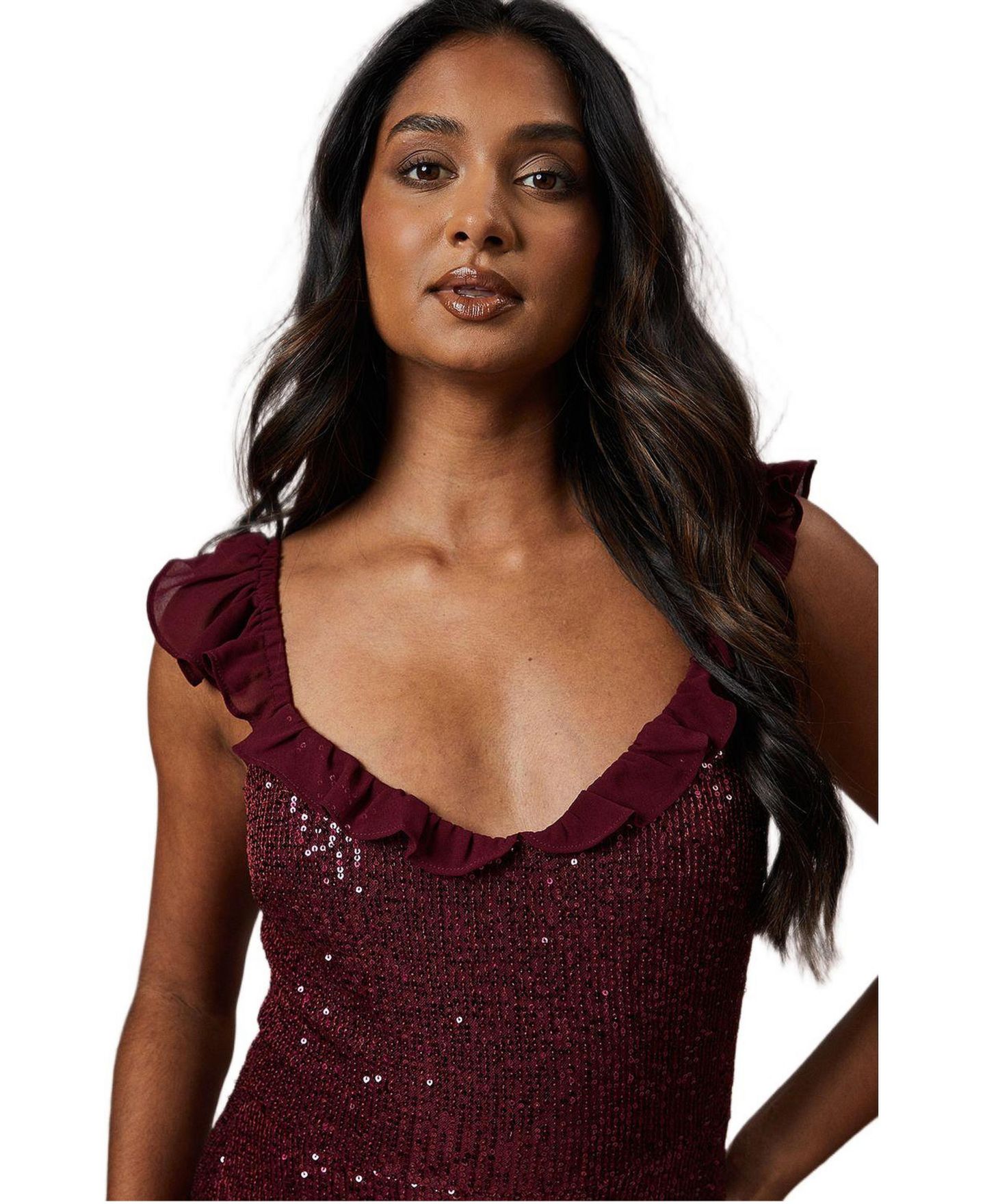 Женское платье Oasis Occasion Sequin Ruffle Midaxi, цвет: Ягодный — фото 3