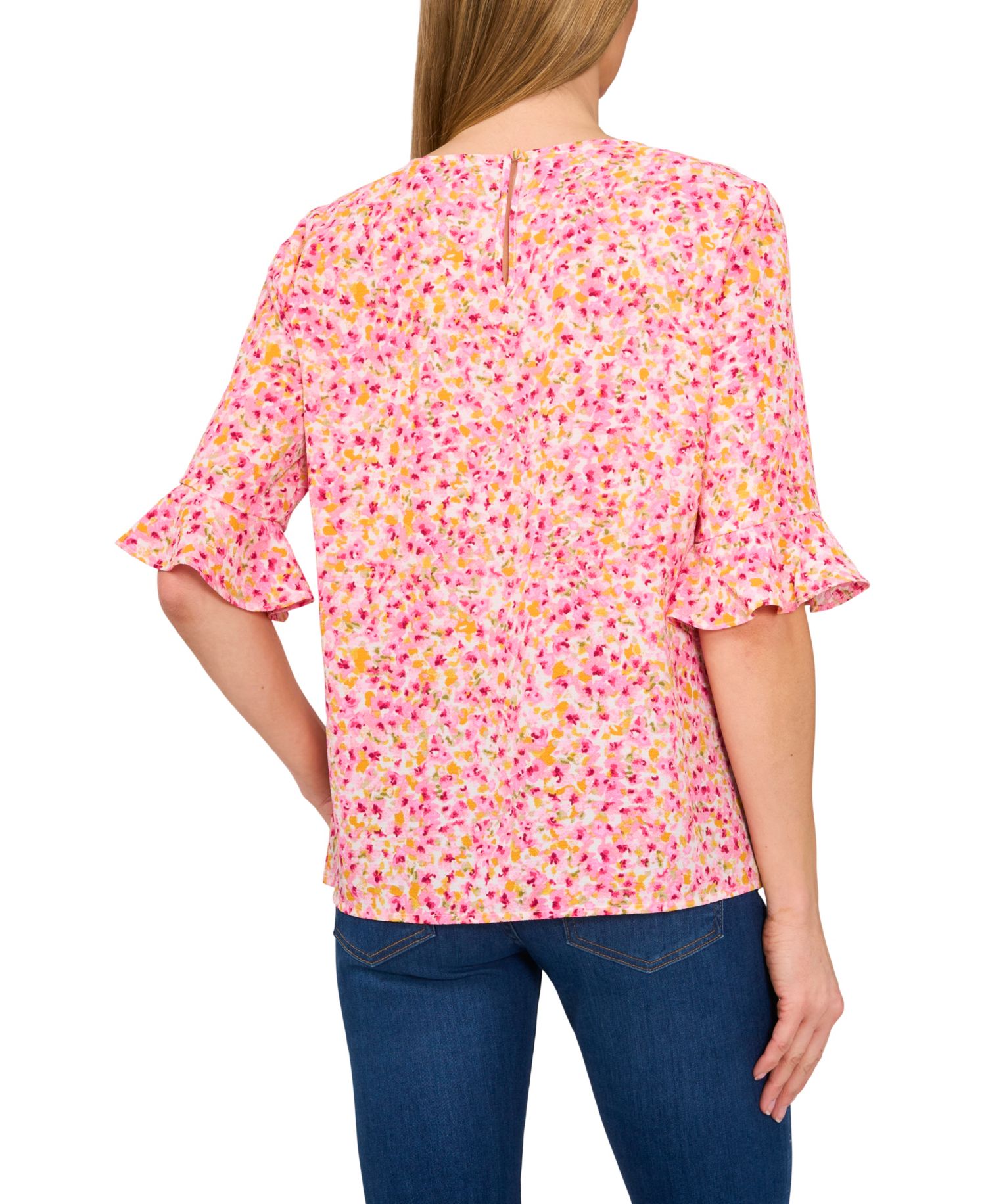 Women's Floral Crewneck 3/4-Sleeve Ruffled Cuff Blouse