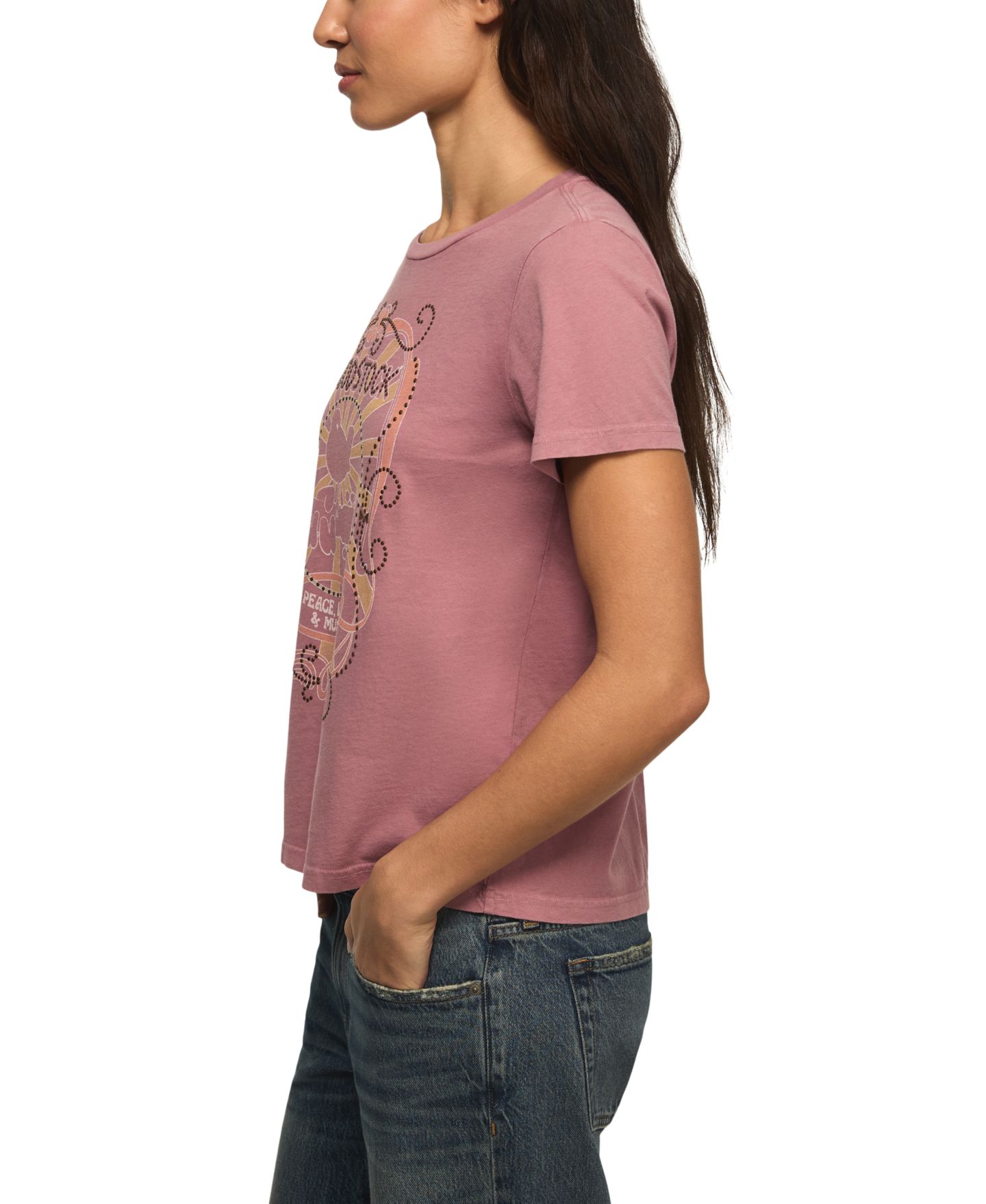Женская футболка Lucky Brand Classic Fit Woodstock Peace Love Music Crew Neck, цвет: Розовый — фото 3