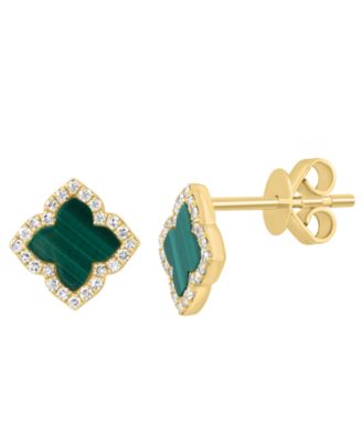 Diamond (1/6 ct. t.w.) and Malachite (6.5 mm) Earrings in 14k Yellow Gold