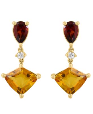 Citrine (2 ct. t.w.), Garnet (1 ct. t.w.) and Diamond (1/20 ct. t.w.) Drop Earrings in 14k Yellow Gold
