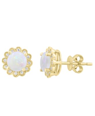 Opal (1-1/10 ct. t.w.) and Diamond (1/10 ct. t.w.) Stud Earrings in 14k Yellow Gold